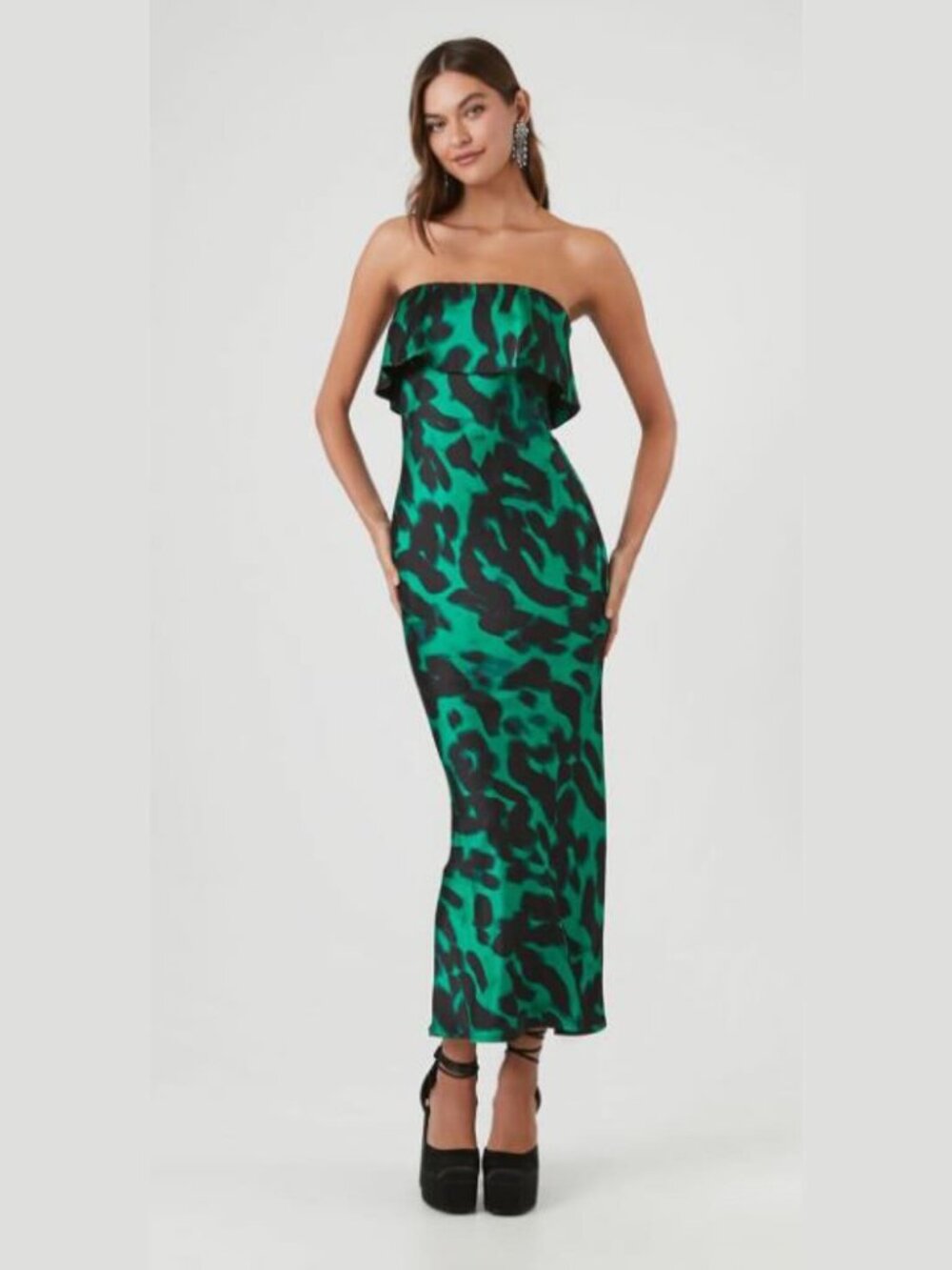 Forever 21 Black & Green Ruffle Top Strapless Satin Maxi Dress M